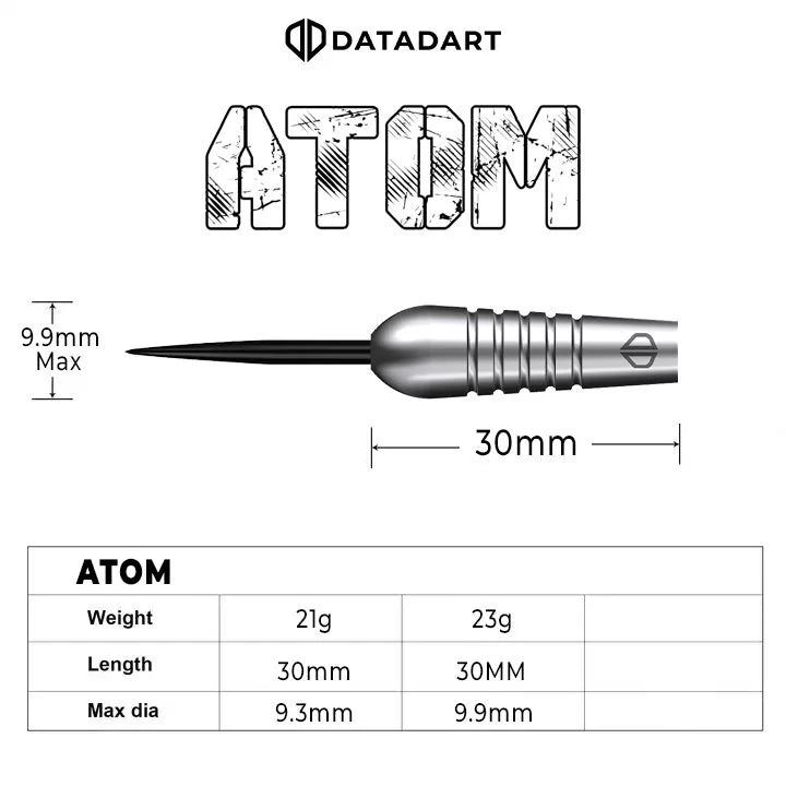 DATADART ATOM SHORT BARREL 90% TUNGSTEN STEEL TIP DARTS SET 21g 23g