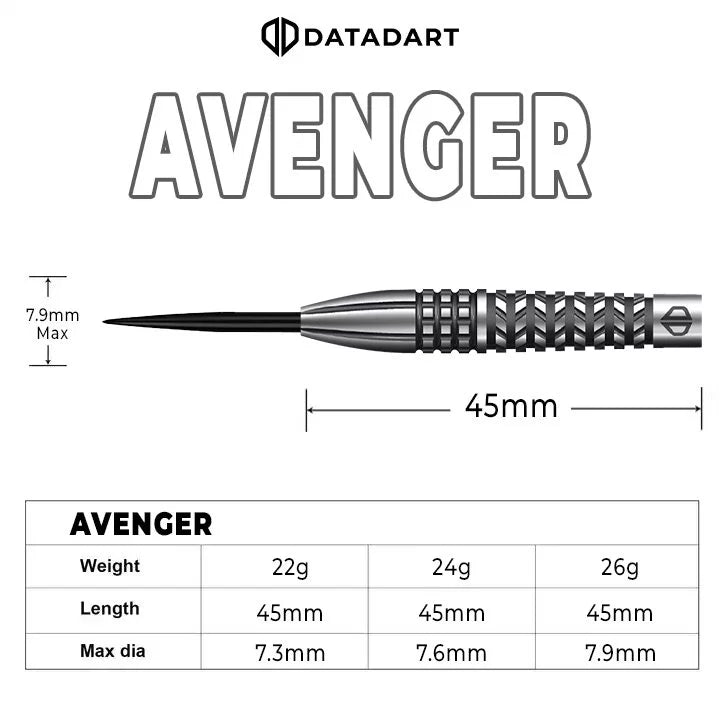 DataDart Avenger 90% Tungsten Steel Tip Darts 22g 24g 26g